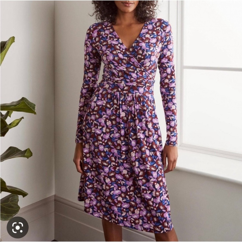Boden Faux Wrap Dress Size 10L Purple Floral Long Sleeve Pockets Cottagecore